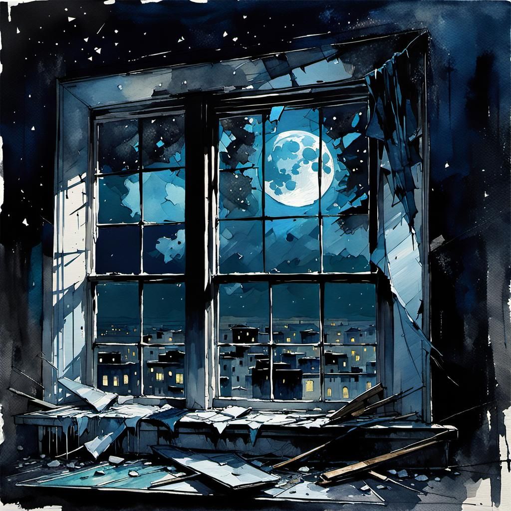 Eerie Shattered Window at Midnight in Watercolor