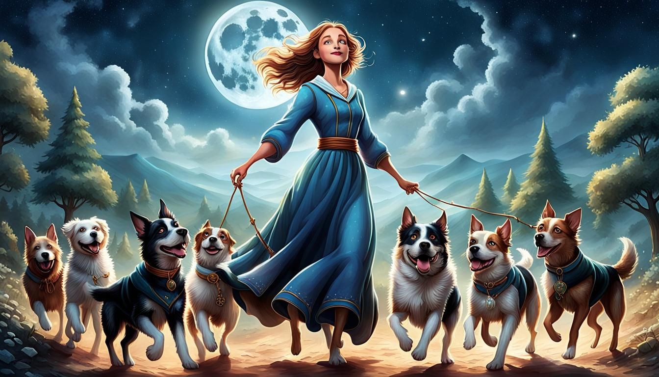 Woman Soars with Dogs in Enchanted Forest