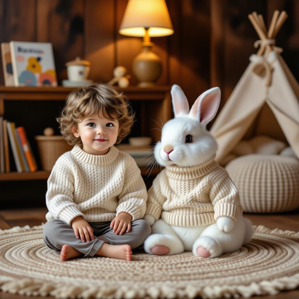 Cozy Child and Fluffy Rabbit in Textured Oil Painting