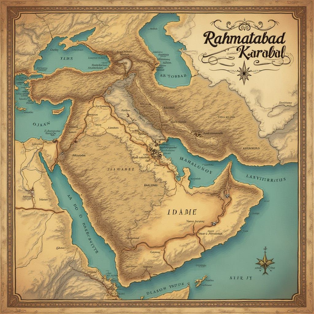 Intricate Map of Rahmatabad Karbala in Elegant Cursive Style