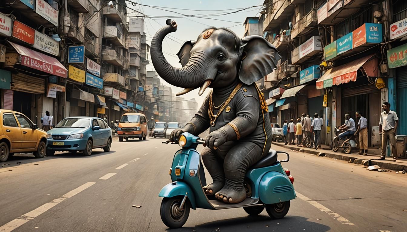 Cartoon Elephant on Scooter in Bombay Street