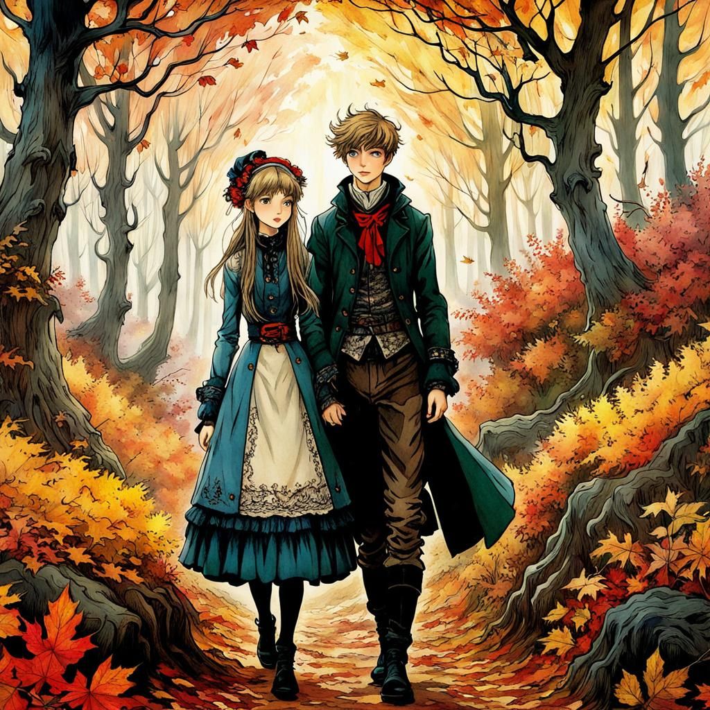 Anime Siblings in Autumn Fairytale Forest