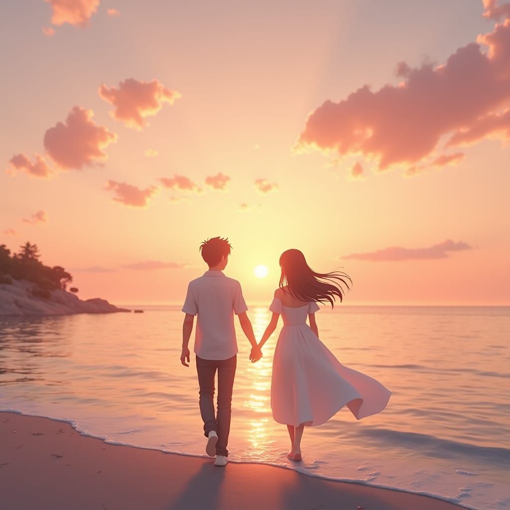 Romantic Sunset Stroll: 3D Anime Art of Eternal Love
