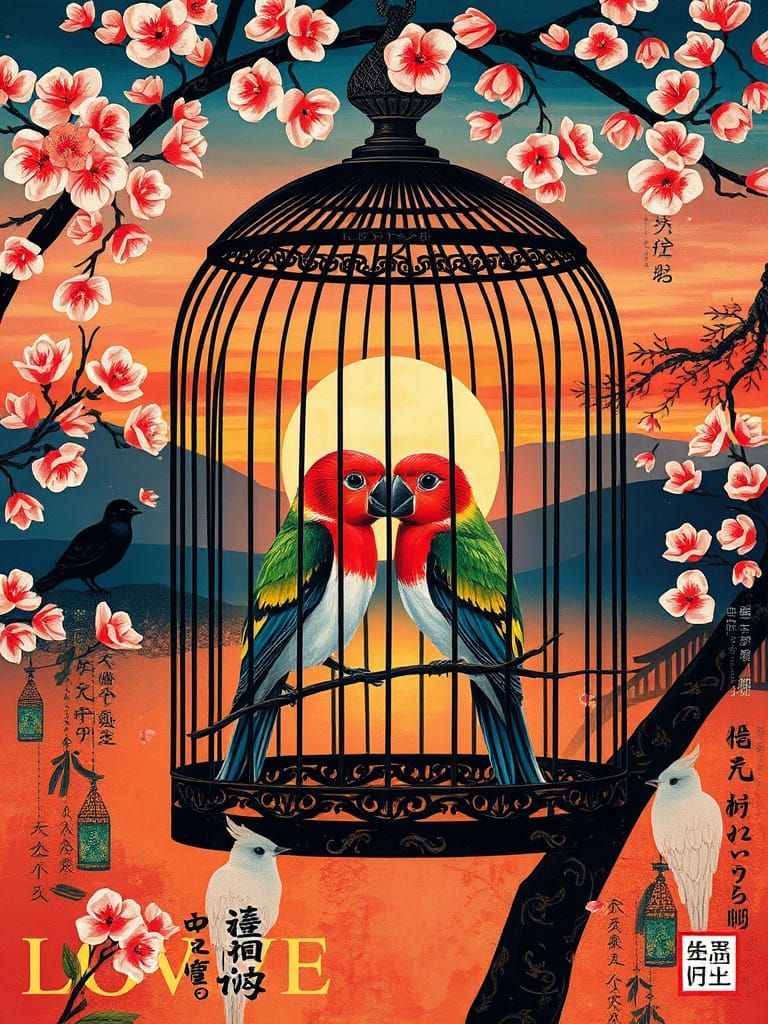 Lovebirds in Ornate Cage Under Blossom Tree at Sunset