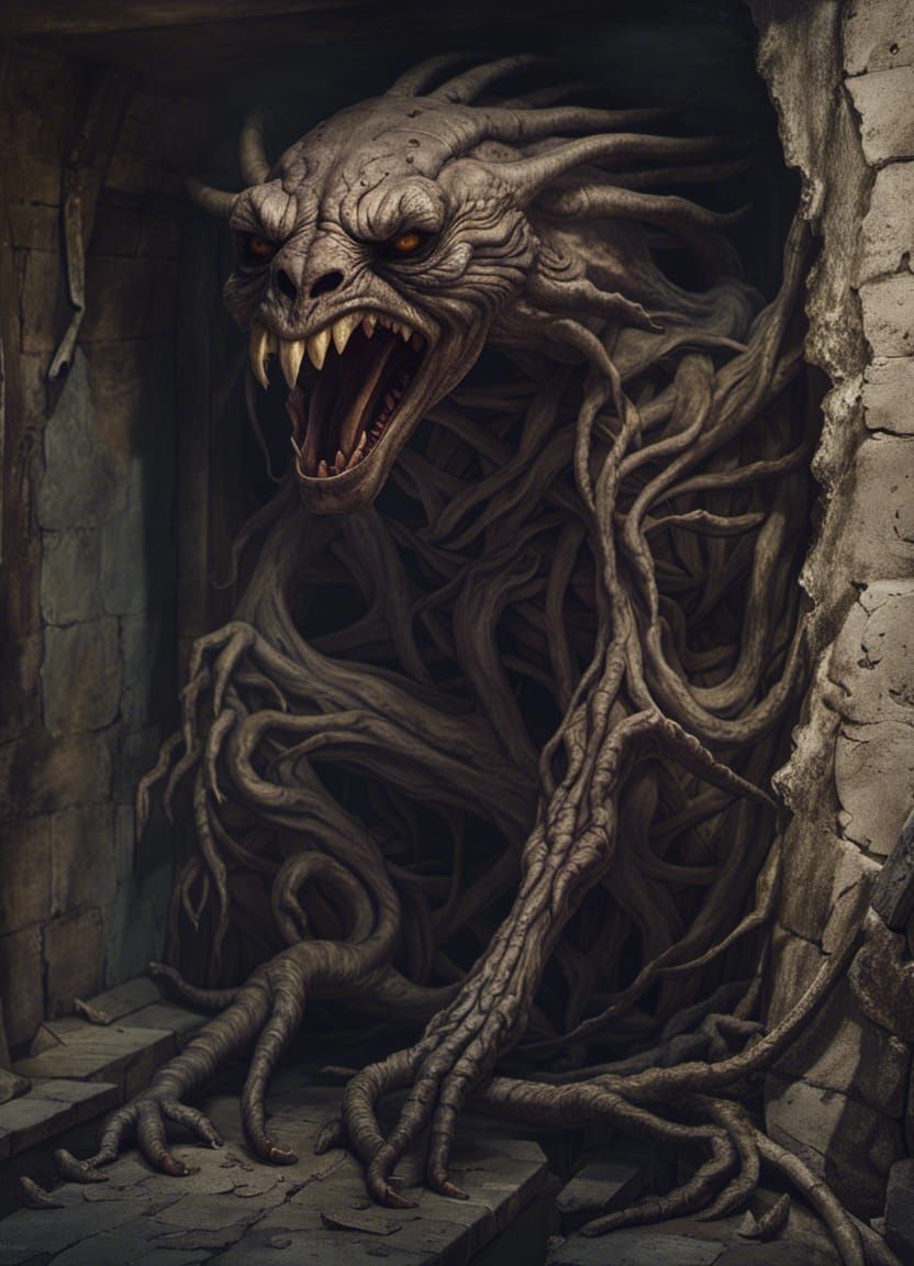 Hideous Monster in Derelict Cellar: Gloomy Portrait