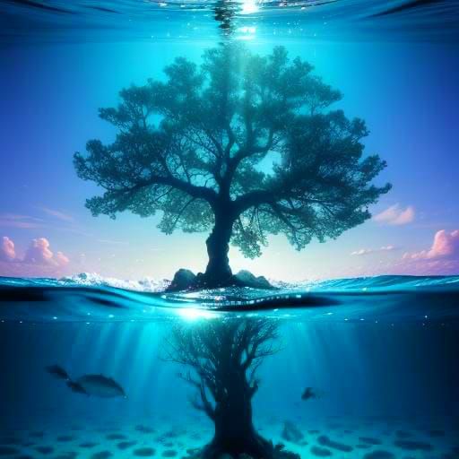 Tree in Ocean with Corked Bottles: Photography