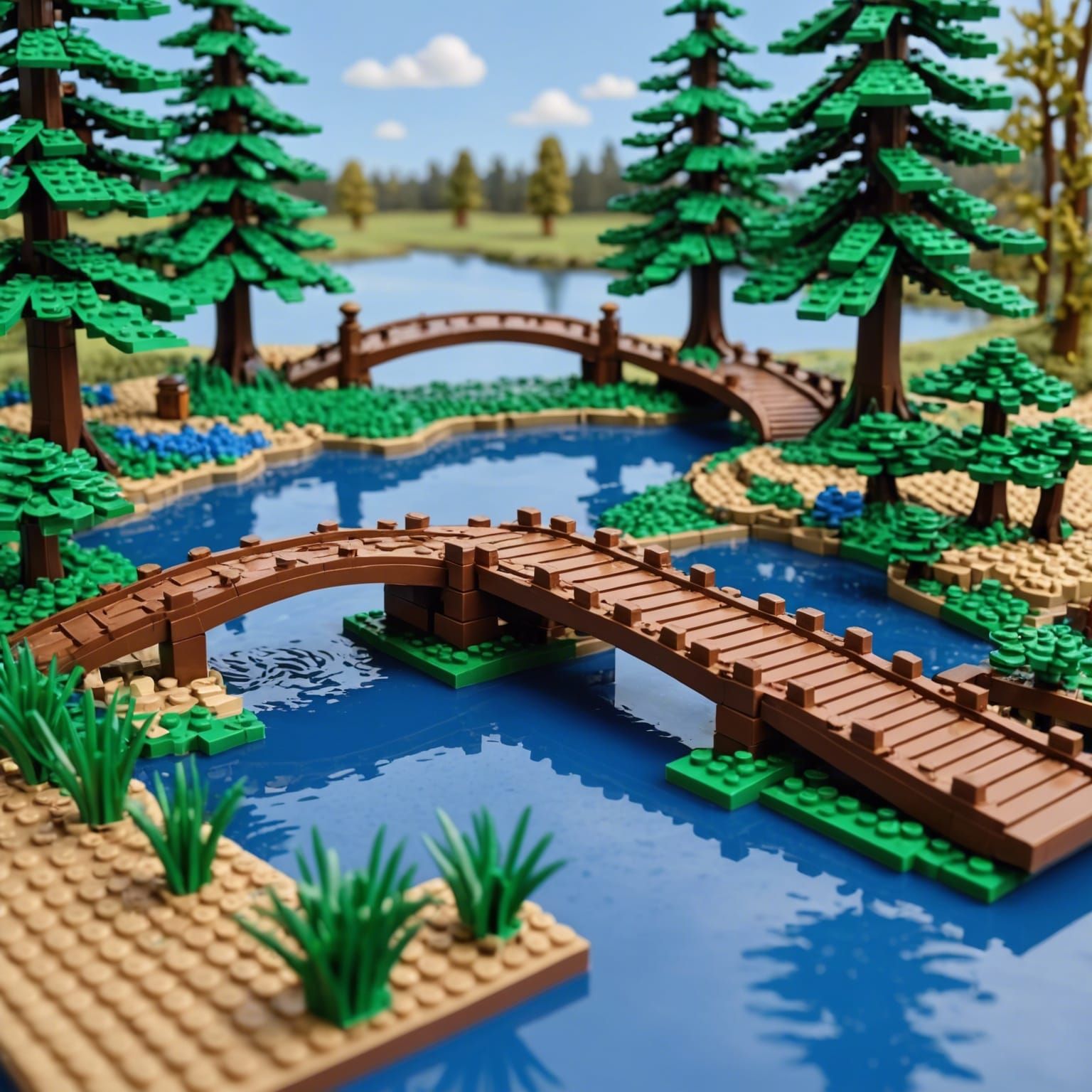 Serene Lego River Scene with Wooden Bridge