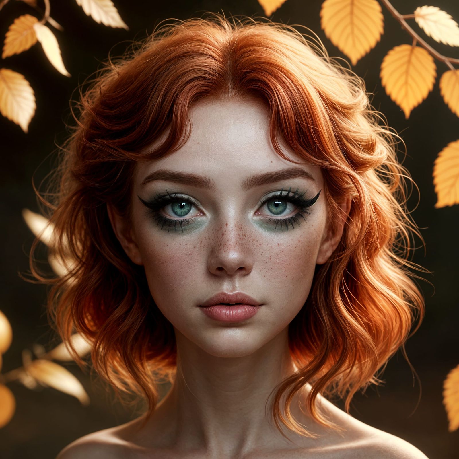 Emerald Goddess with Vibrant Red Hair in Golden Light