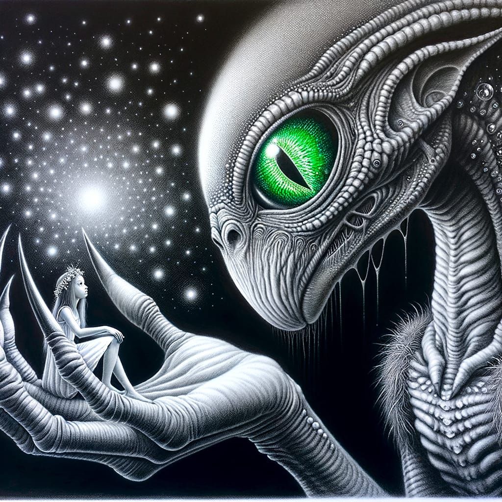 Alien Gentle Giant Examines Tiny Female in Hyper-Realistic P...