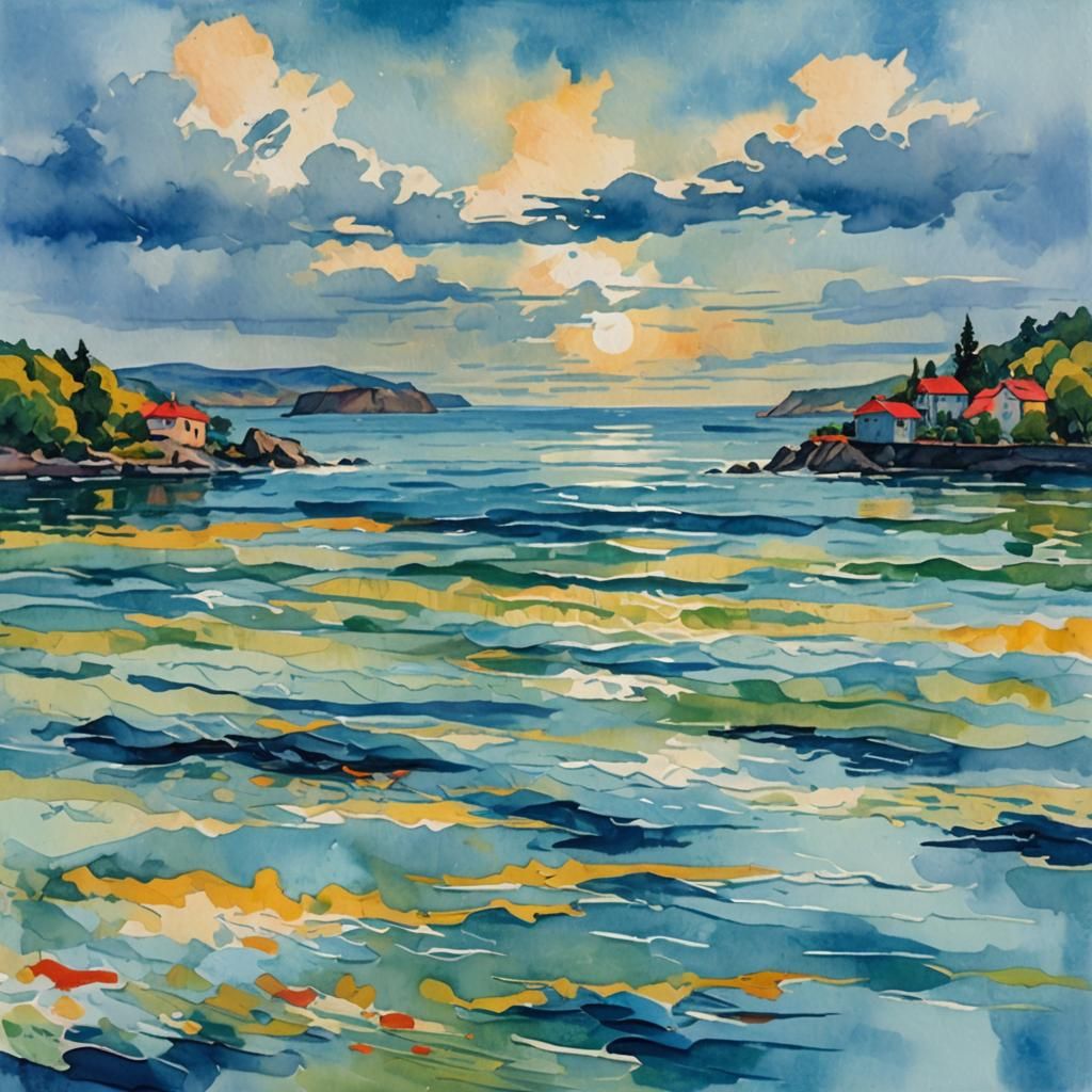 Seaside Modern Scene in Gouache and Watercolor