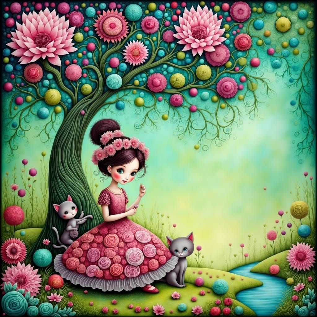 Dreamy Ghibli Scene: Girl with Cat in Floral Dress