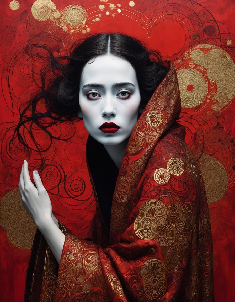 Ominous Scene in Gustav Klimt Style with Red Backdrop