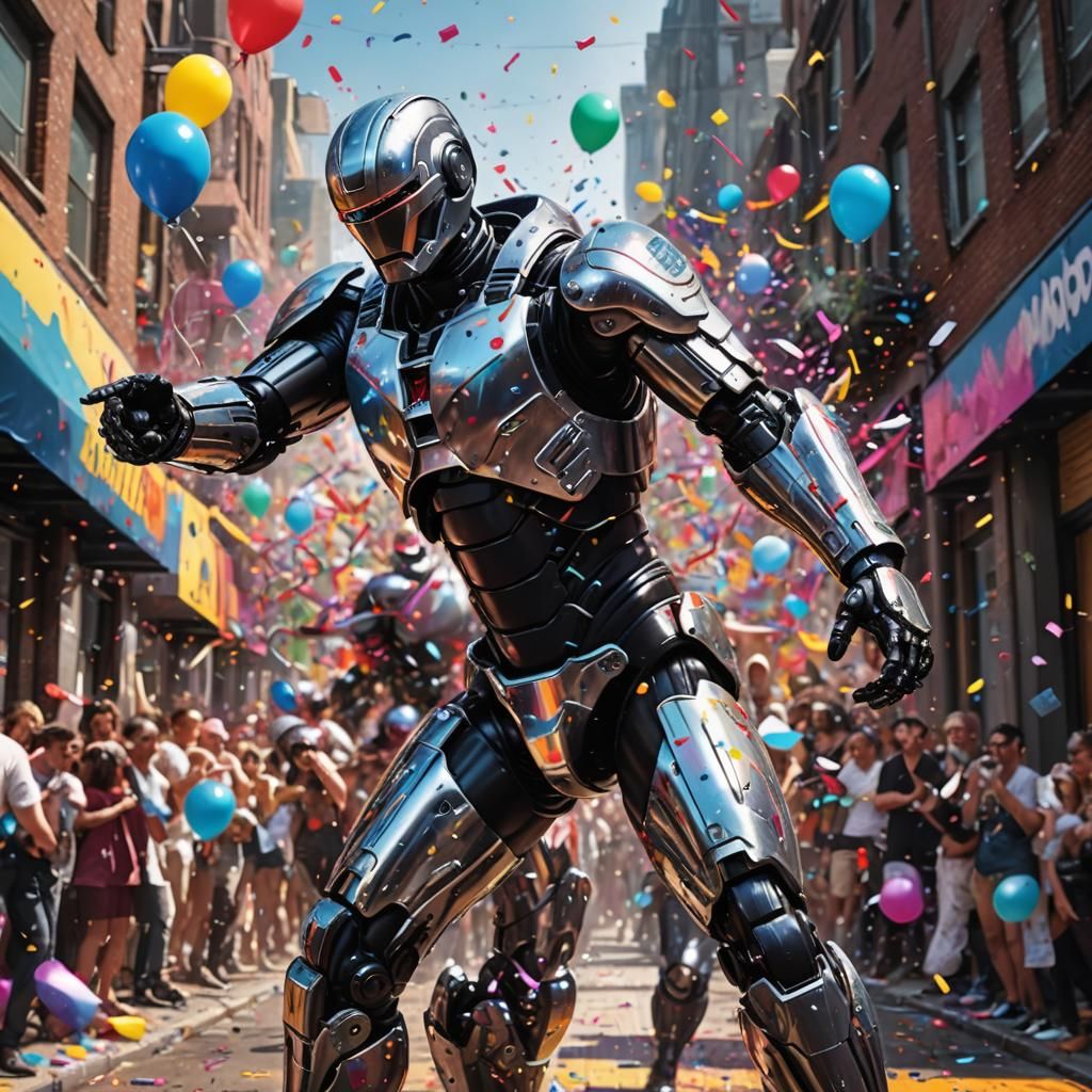 Robocop dancing at a street party