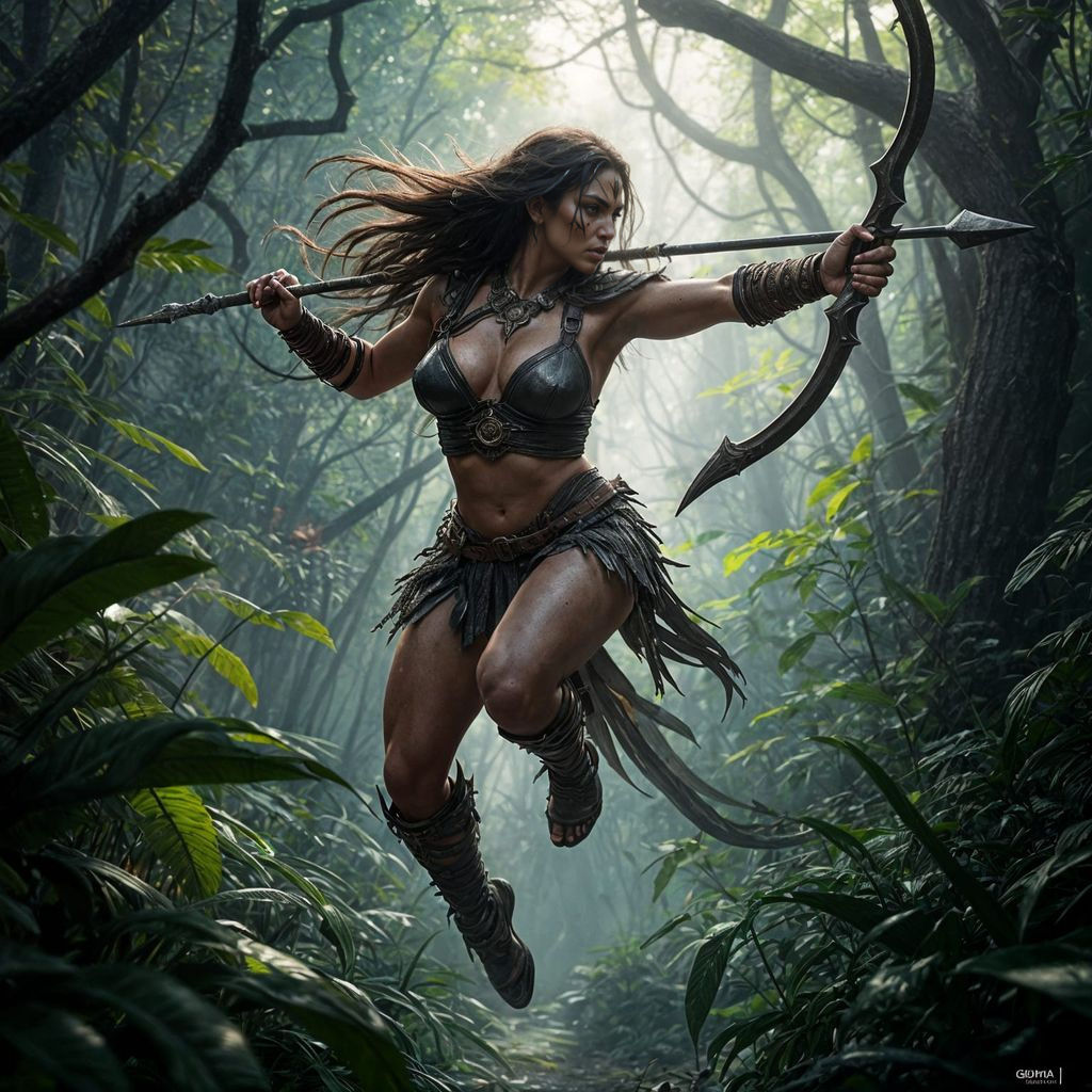 Fierce Amazonian Warrior Leaping Through Jungle