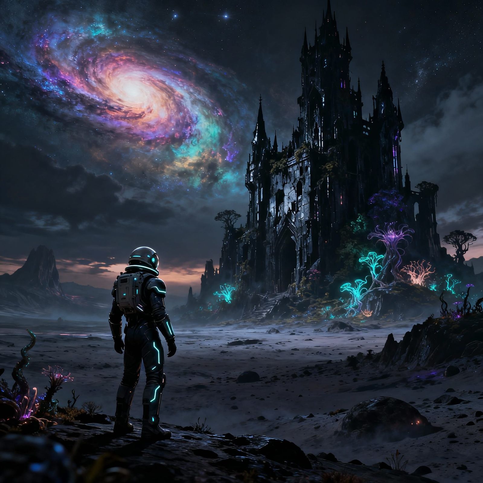 Astronaut on Alien Planet Gazing at Derelict Castle