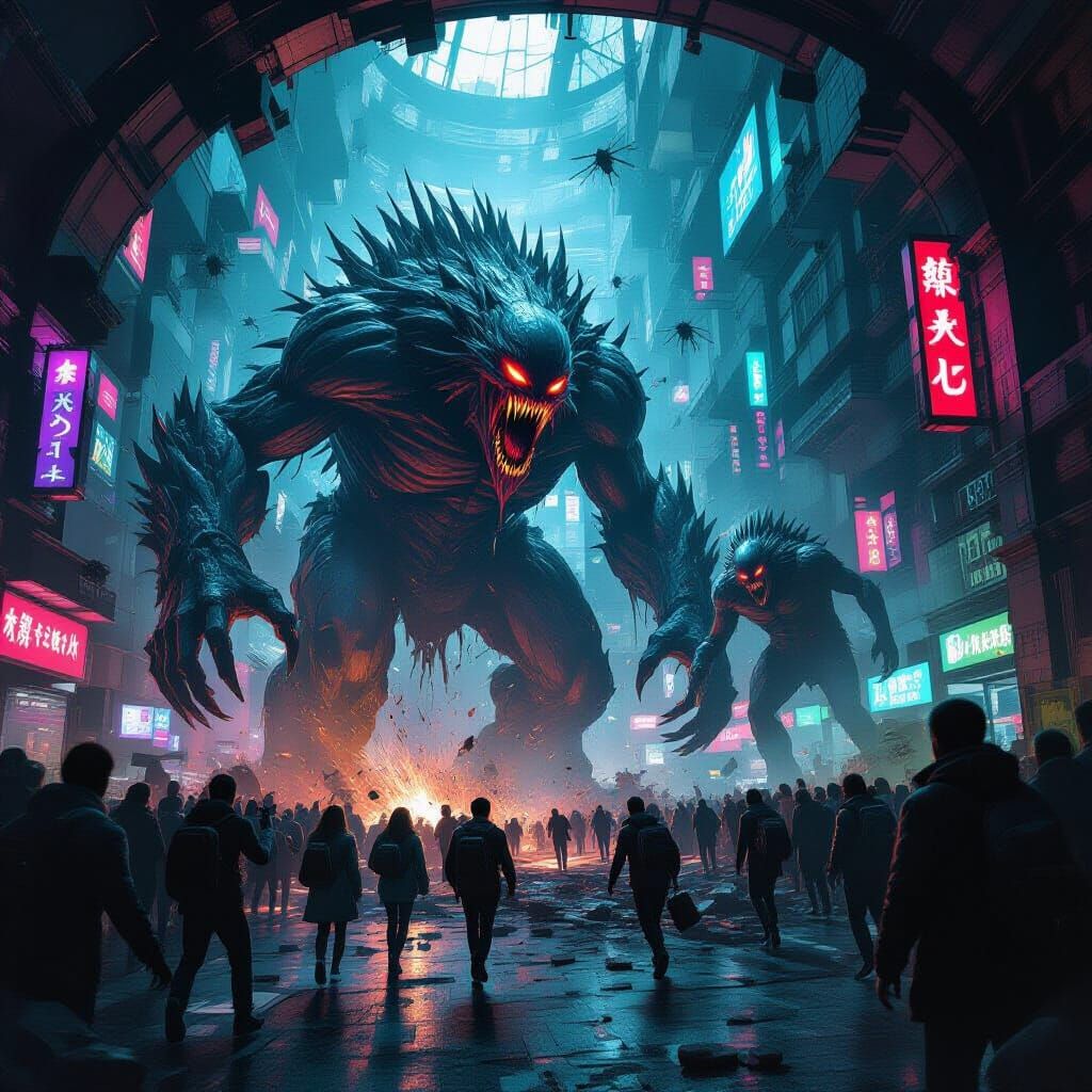 Monsters Attack Futuristic Metro Station in Dark Concept Art...
