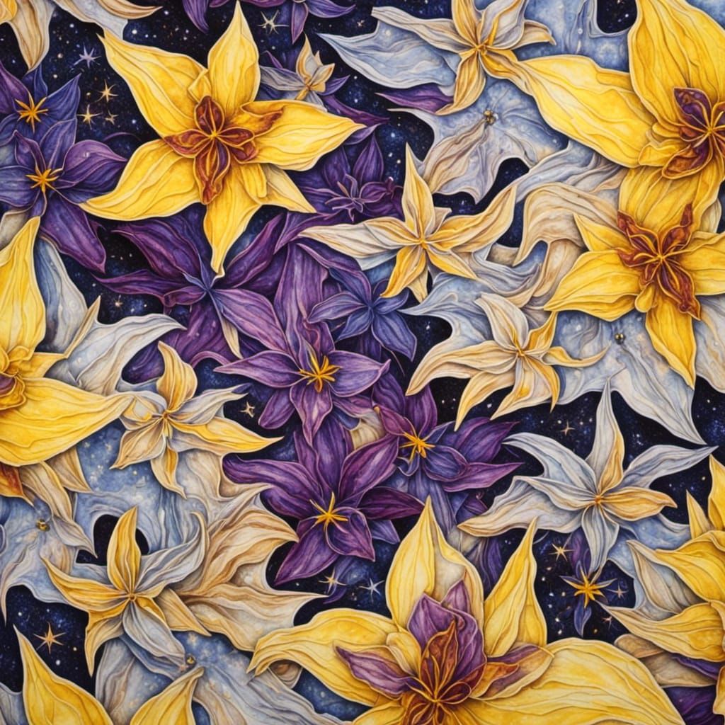 Celestial Zentangle: Floral Bouquet Among Stars