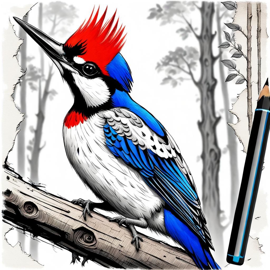 Woodpecker in Selective Color: Pencil Sketch