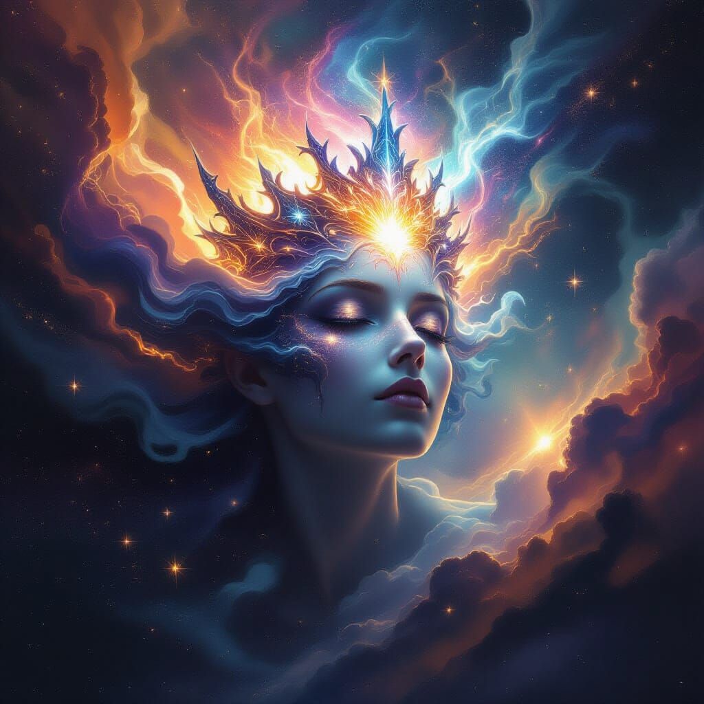 Cosmic Being with Crown of Pure Energy in Abstract Style