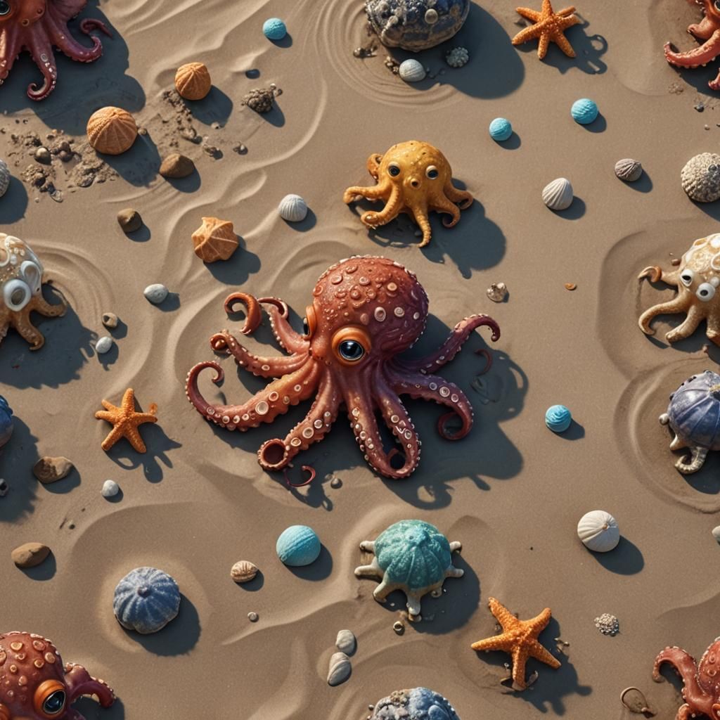 Cute Baby Octopus at the Beach: Detailed Matte Painting