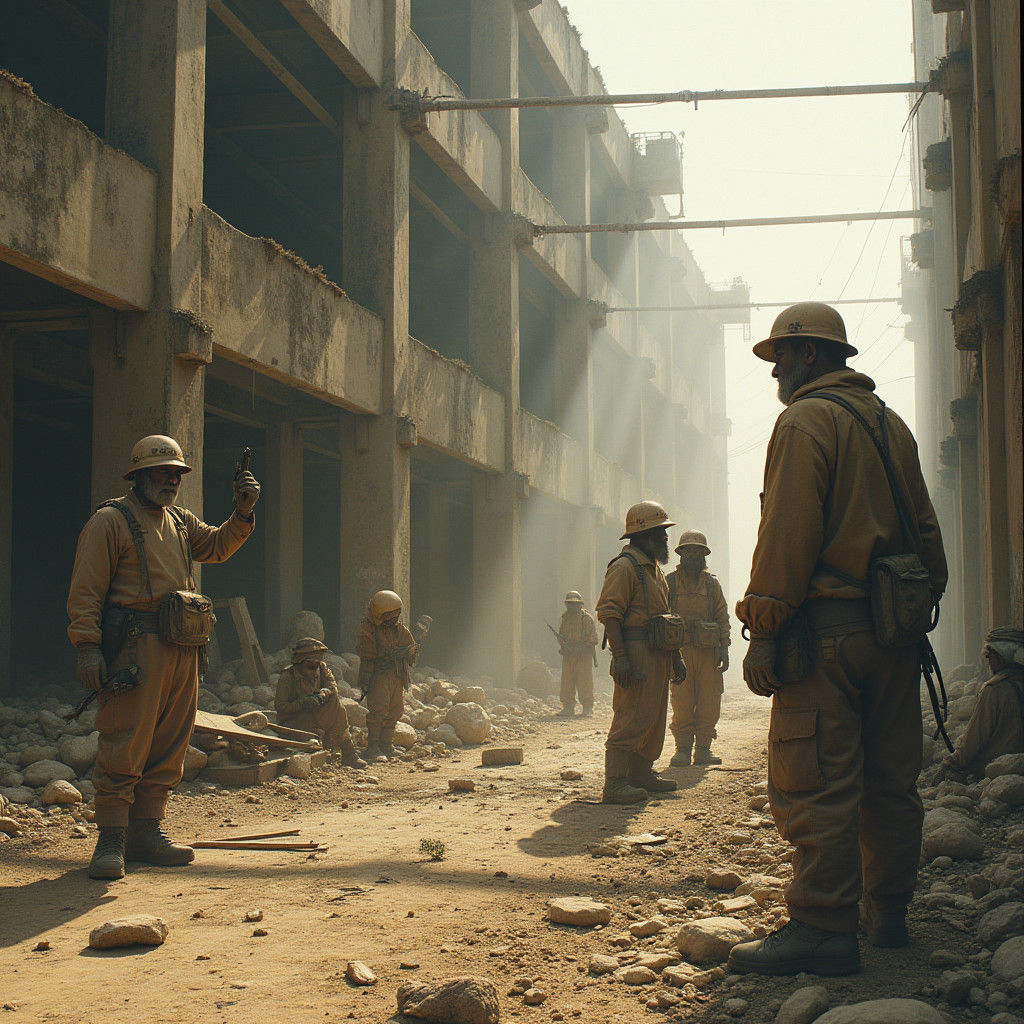 Figures Demolishing Structure in Gritty, Atmospheric Style