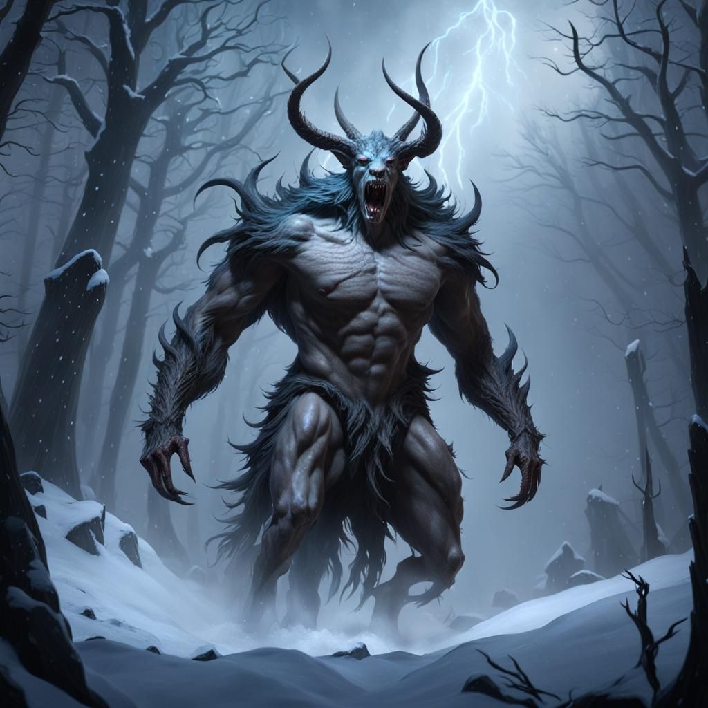 Eldritch White Wendigo in Snowstorm: Digital Illustration