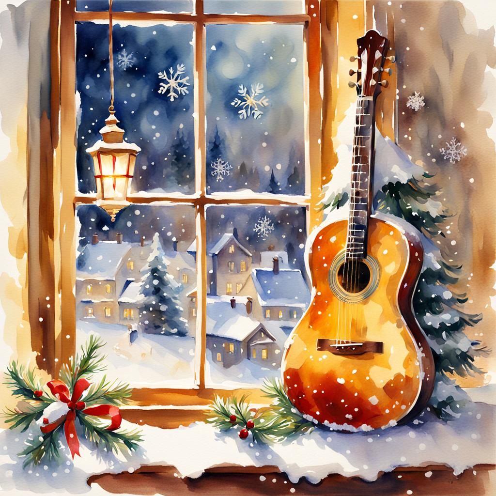 Vibrant Watercolor Christmas Guitar on a Cozy Snowy Windowsi...