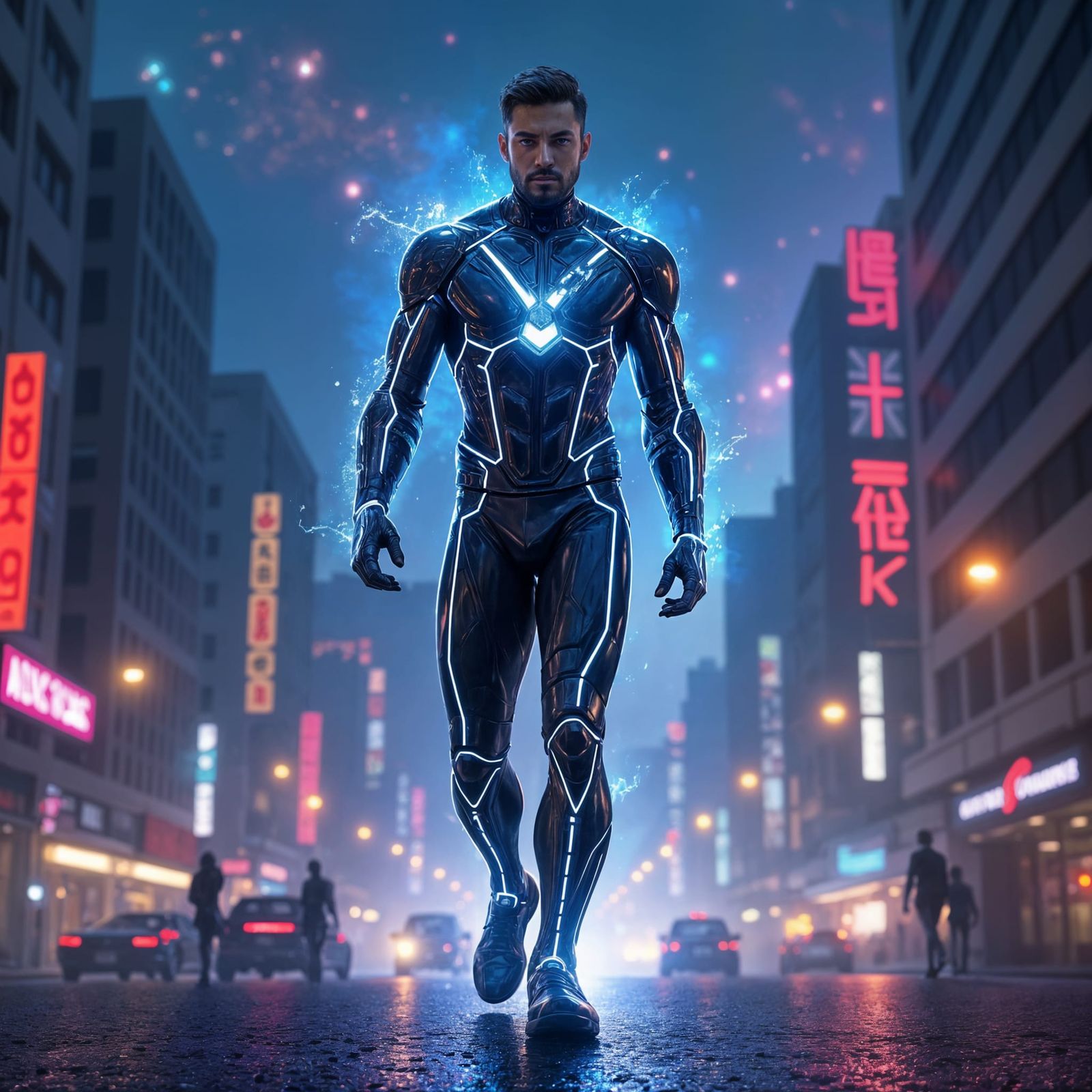 Futuristic Figure Commands Cosmic Cityscape