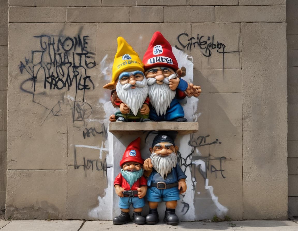 In an urban setting, two gnomes dressed in 'homies' style, c...