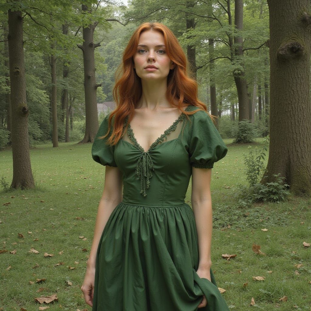 Irish Woman in Forest Glade as Pre-Raphaelite Painting