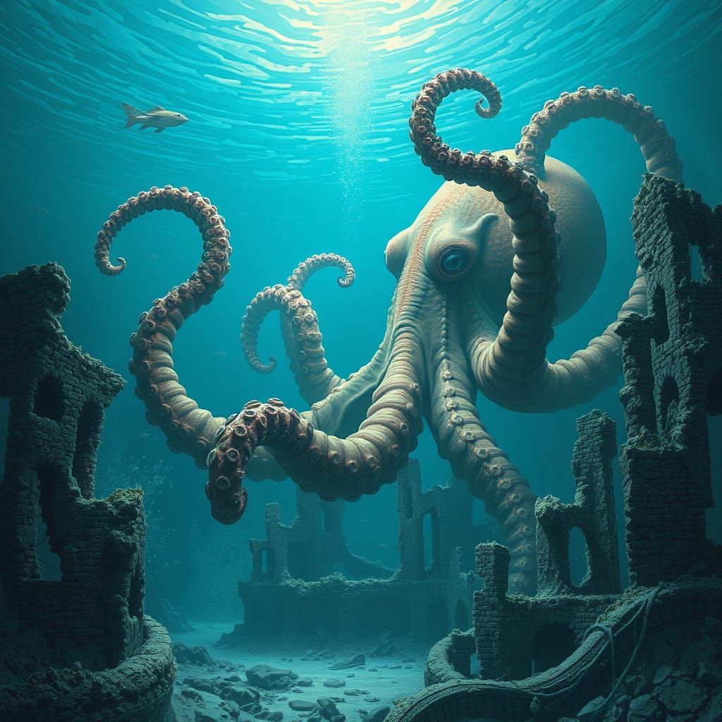 Giant Octopus Over Submerged City Ruins