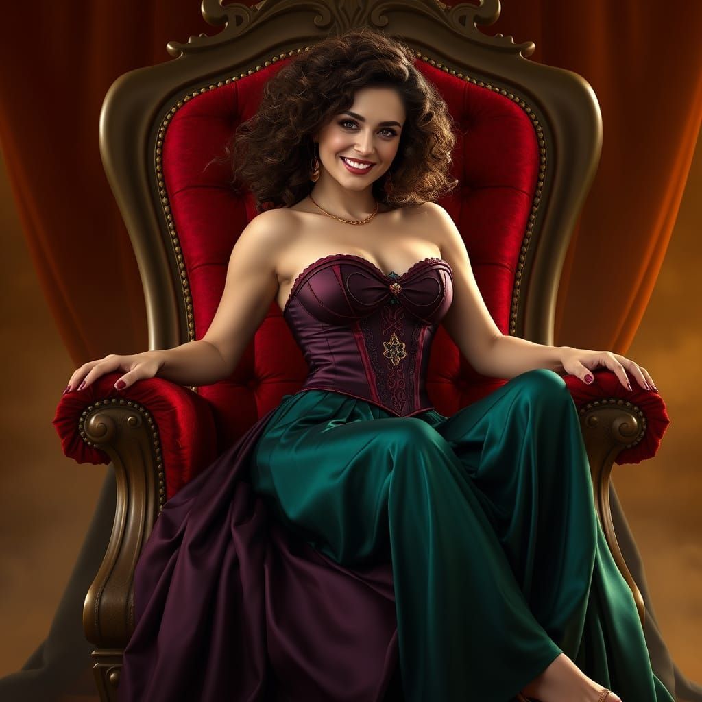 Elegant Woman in Velvet Throne with Emerald and Sapphire Acc...