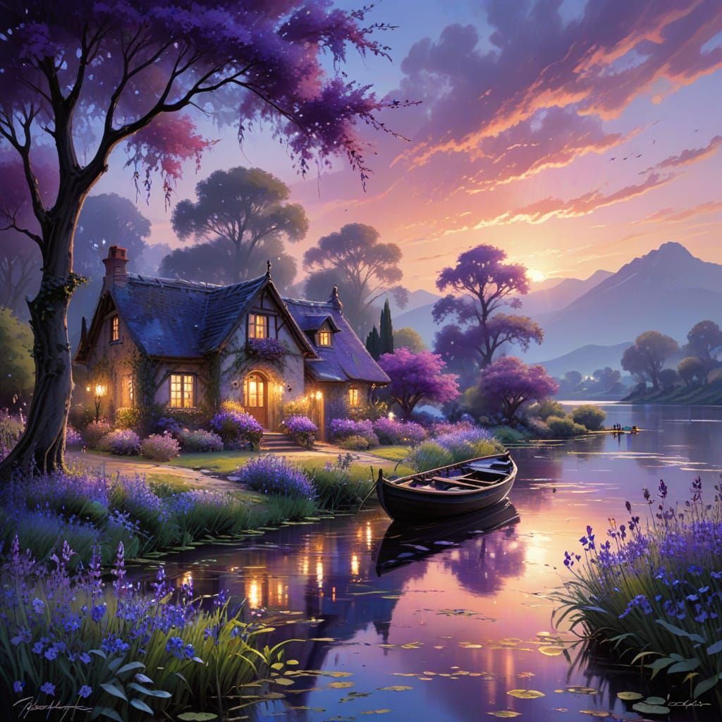 Dreamy Lake Scene with Vibrant Purple Hues in Watercolor Sty...