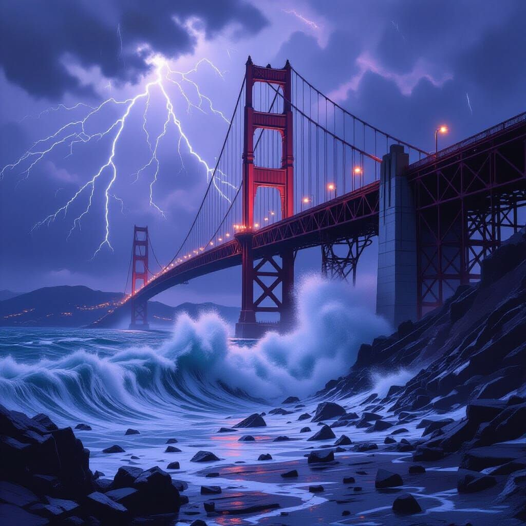 Dystopian Bridge Collapse in Stormy Sea Concept Art