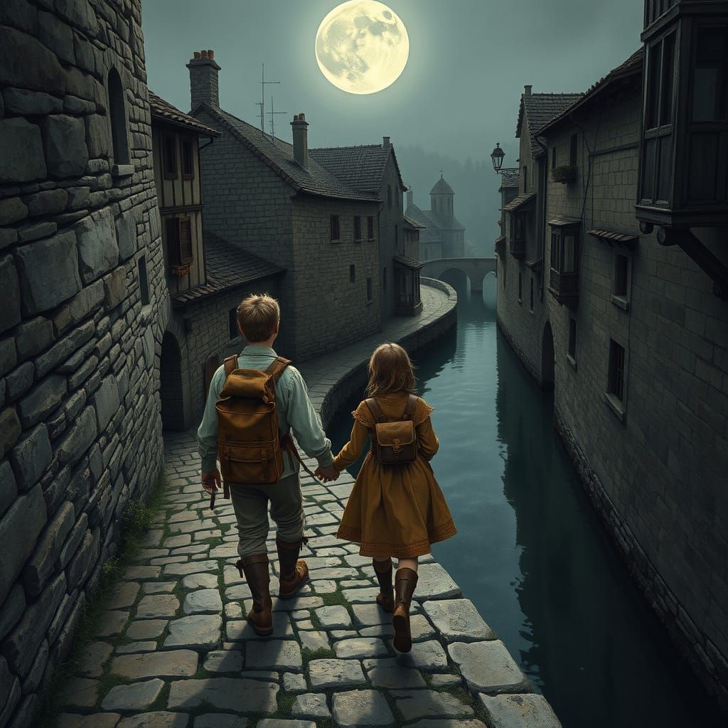 Medieval Children in Moonlit Cityscape