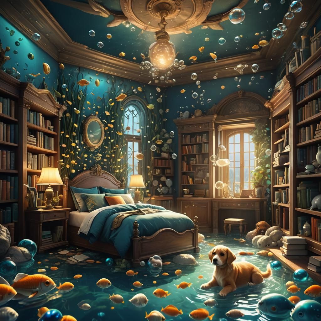 Sunlit Underwater Bedroom with Puppy, Digital Art