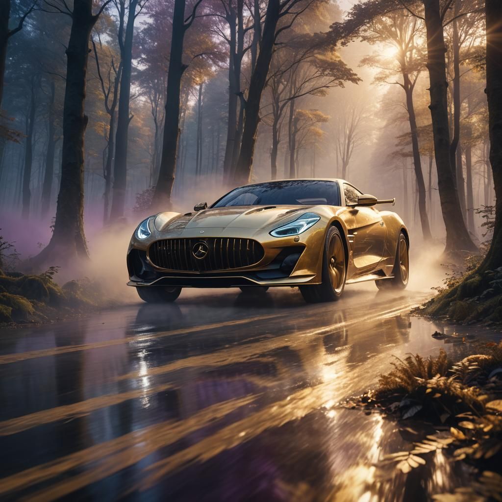 Luxury Gold Sports Car in Mystical Forest