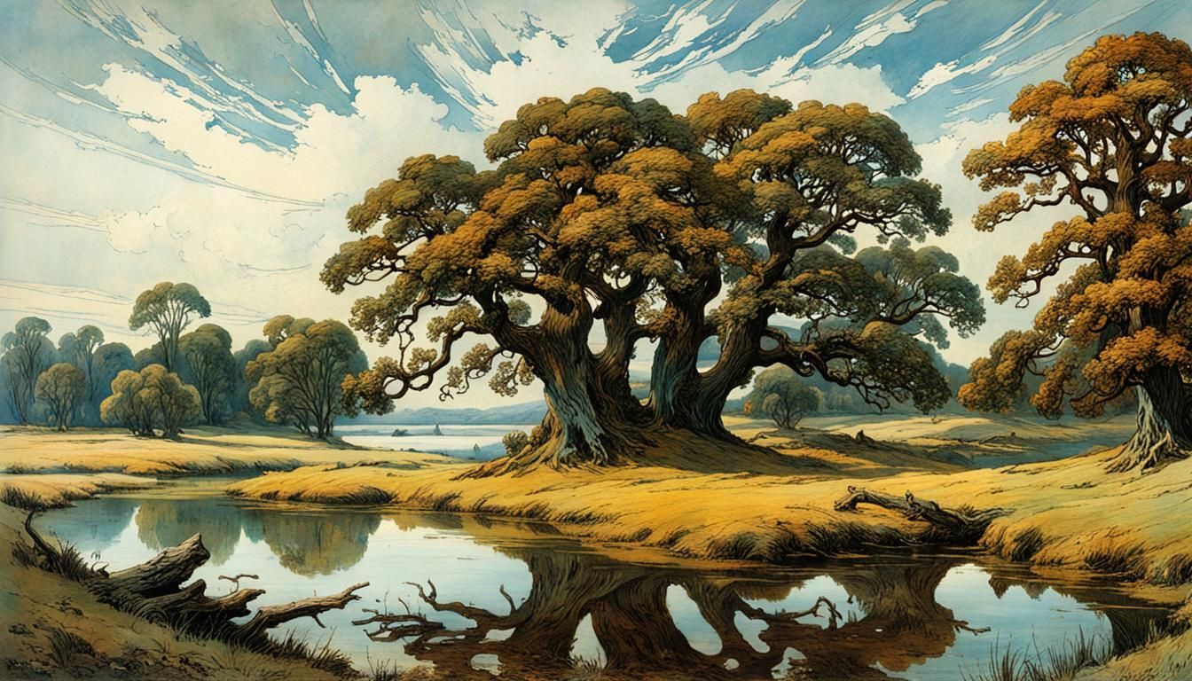 Enchanted Lakeside Landscape in Arthur Rackham Style