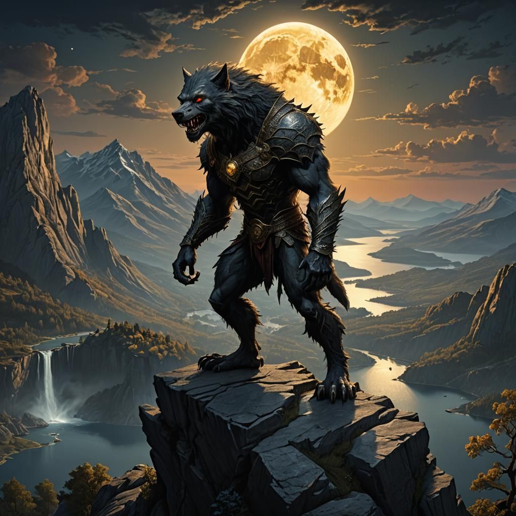 Werewolf Overlooking Moonlit Landscape: Dark Fantasy Art