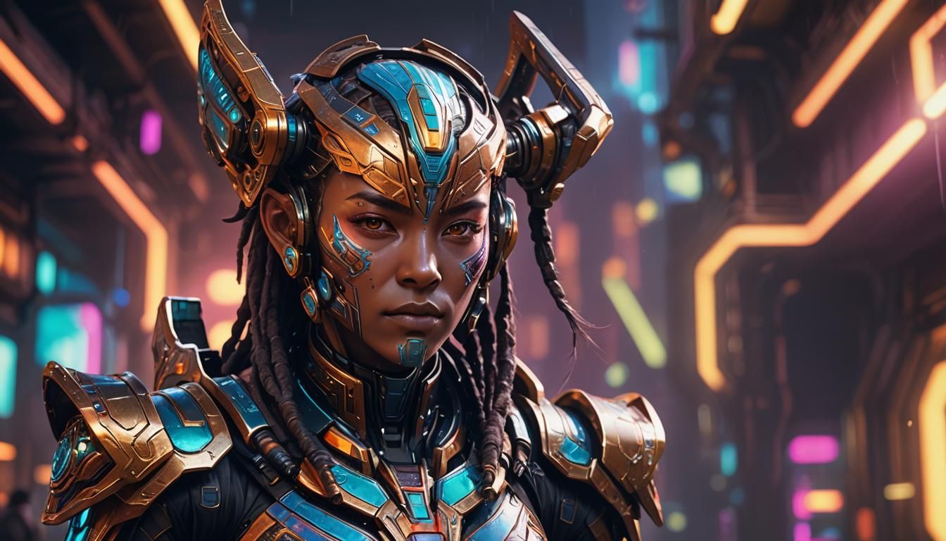 Sci-Fi Exo-Tribe Warrior in Neon-Lit Setting