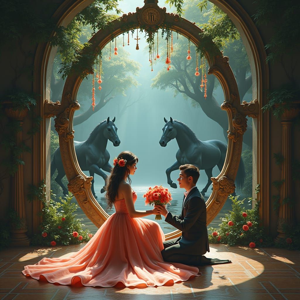 Fantasy Scene: Girl, Mirror, Horses, and Proposal