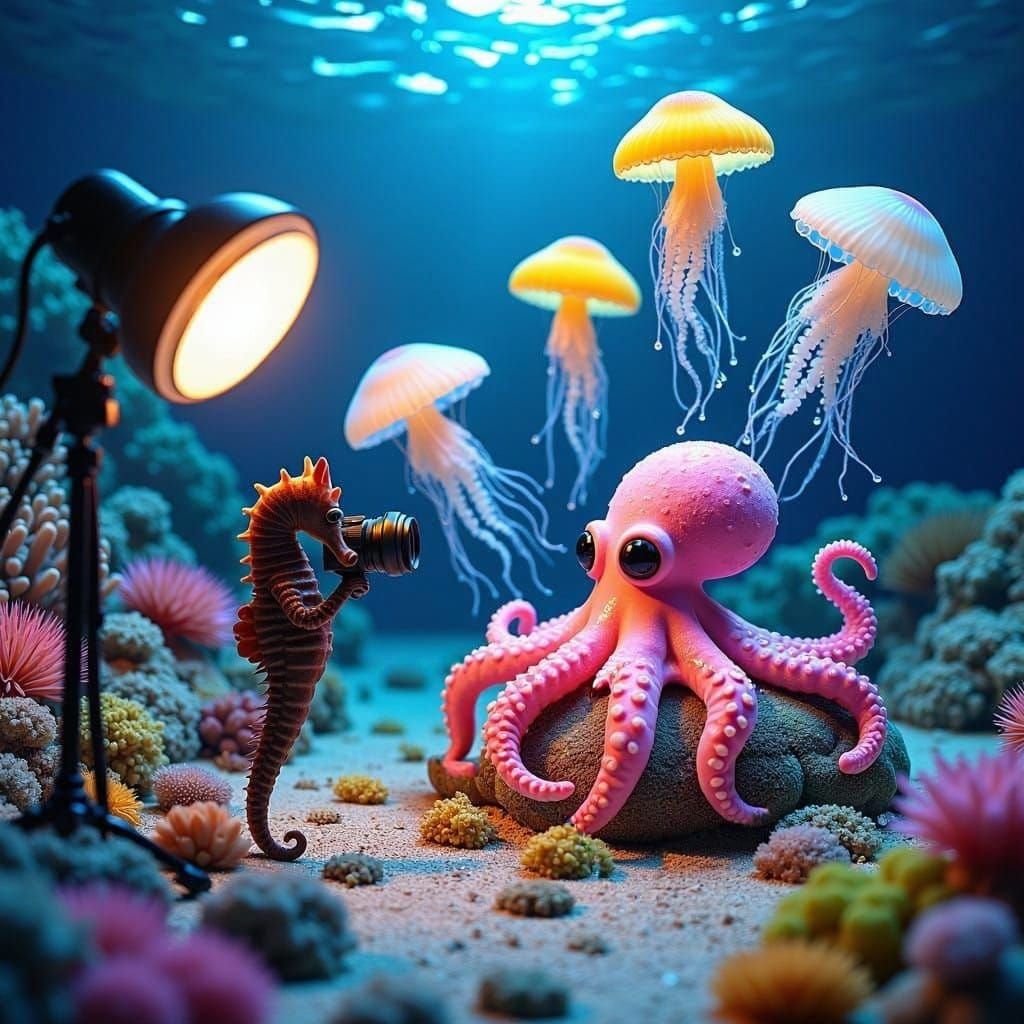 Levitating Octopus in Vibrant Surreal Ocean Floor Studio
