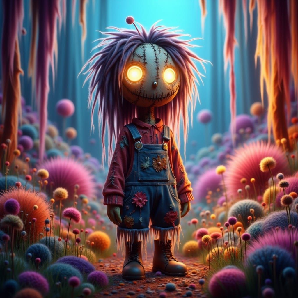 Whimsical Enchanted Forest Scene with Glowing Scarecrow