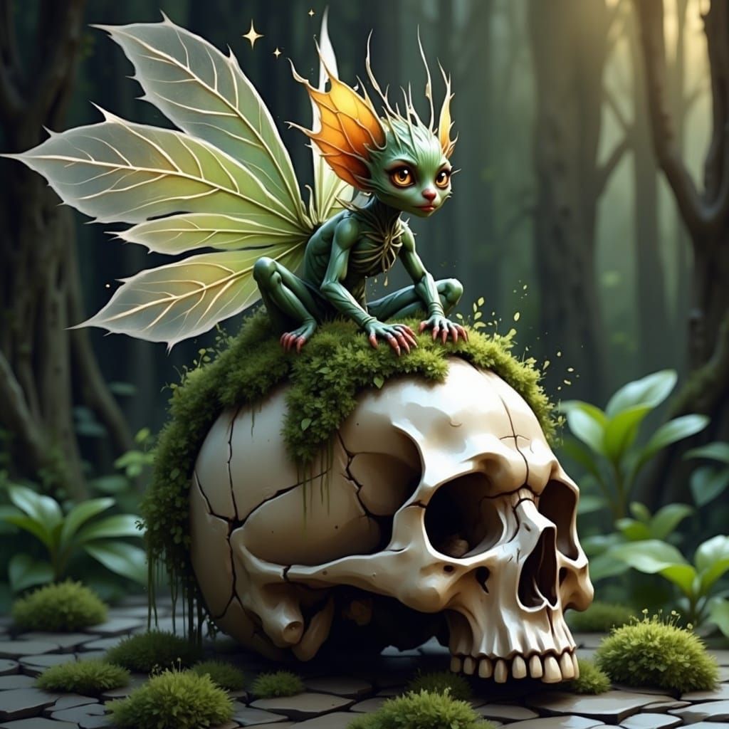 Dark Forest Fairy on Skull in Comic Style