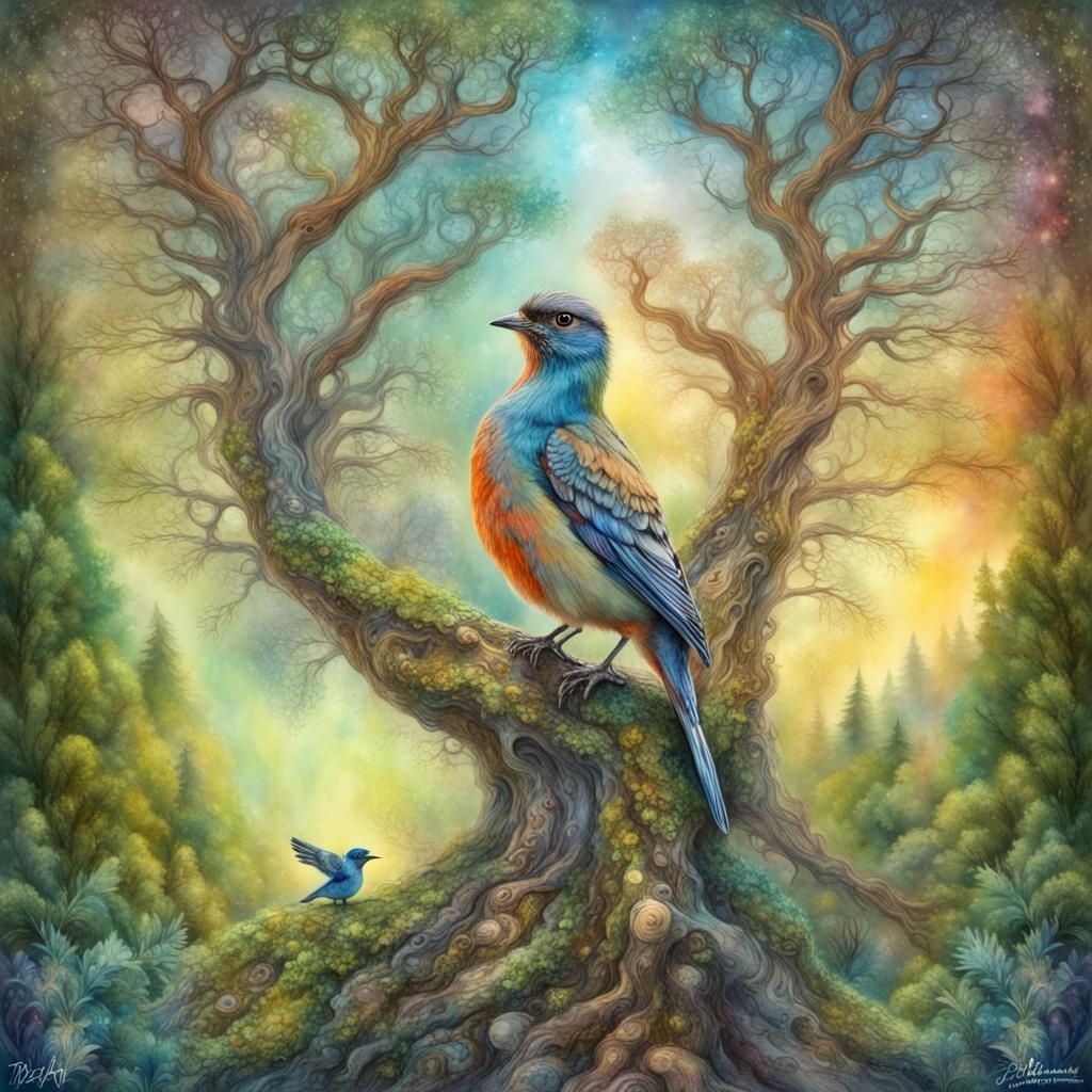 Hybrid Forest Creature Bird in Double Exposure