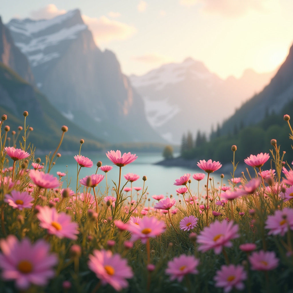 Pink Daisies in Serene Mountain Landscape
