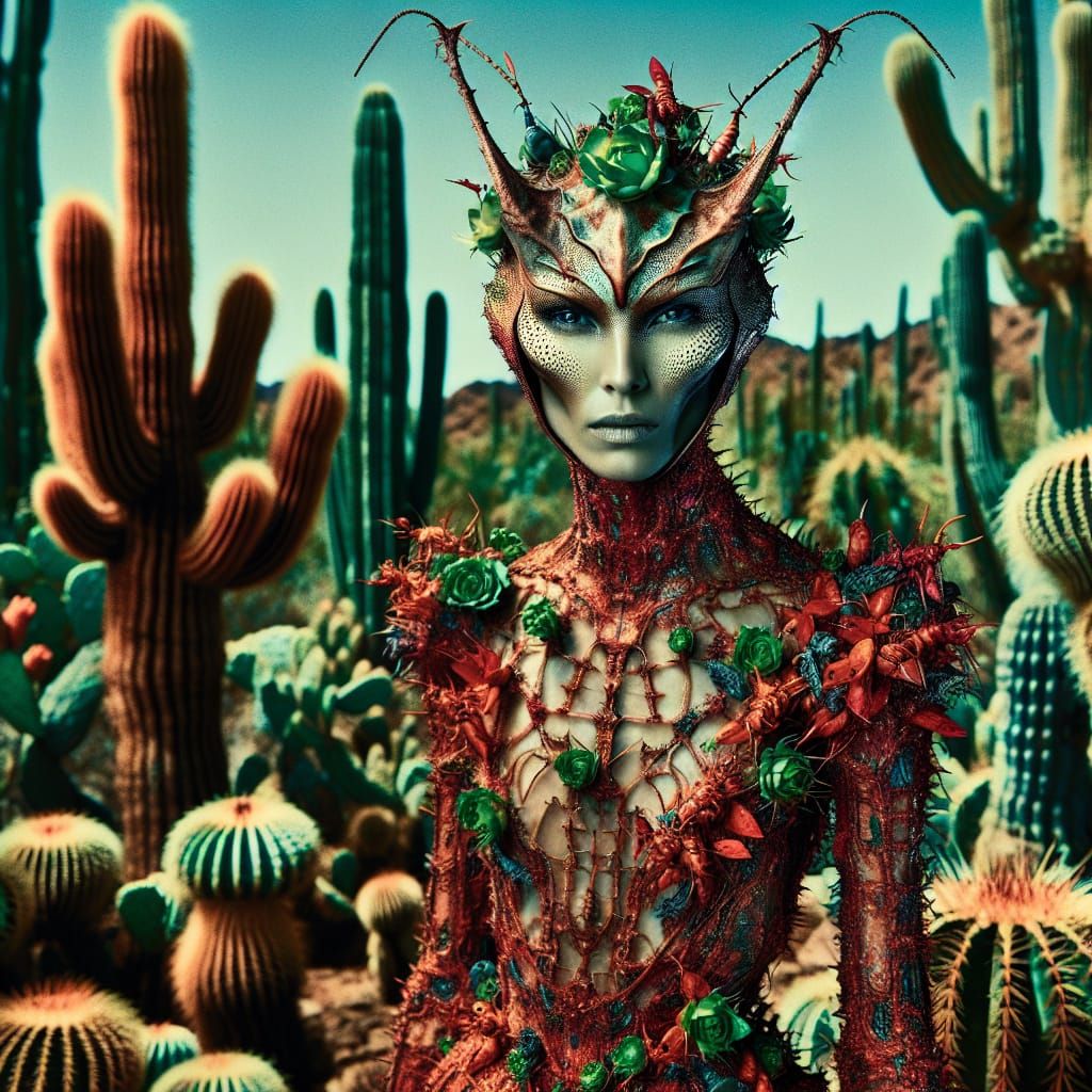 Red Desert Goddess with Spiky Armor and Cactus Crown