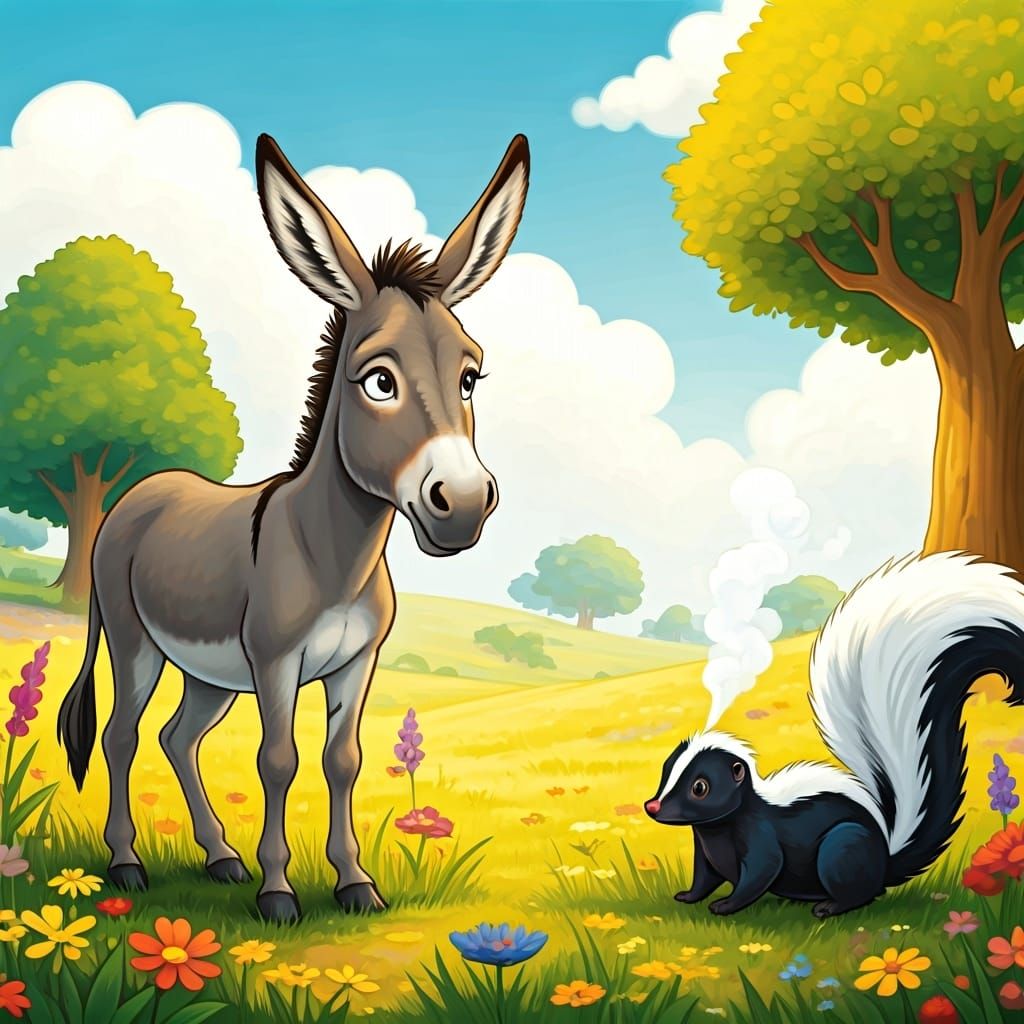 Donkey's Puzzled Reaction to Skunk in Sunny Meadow