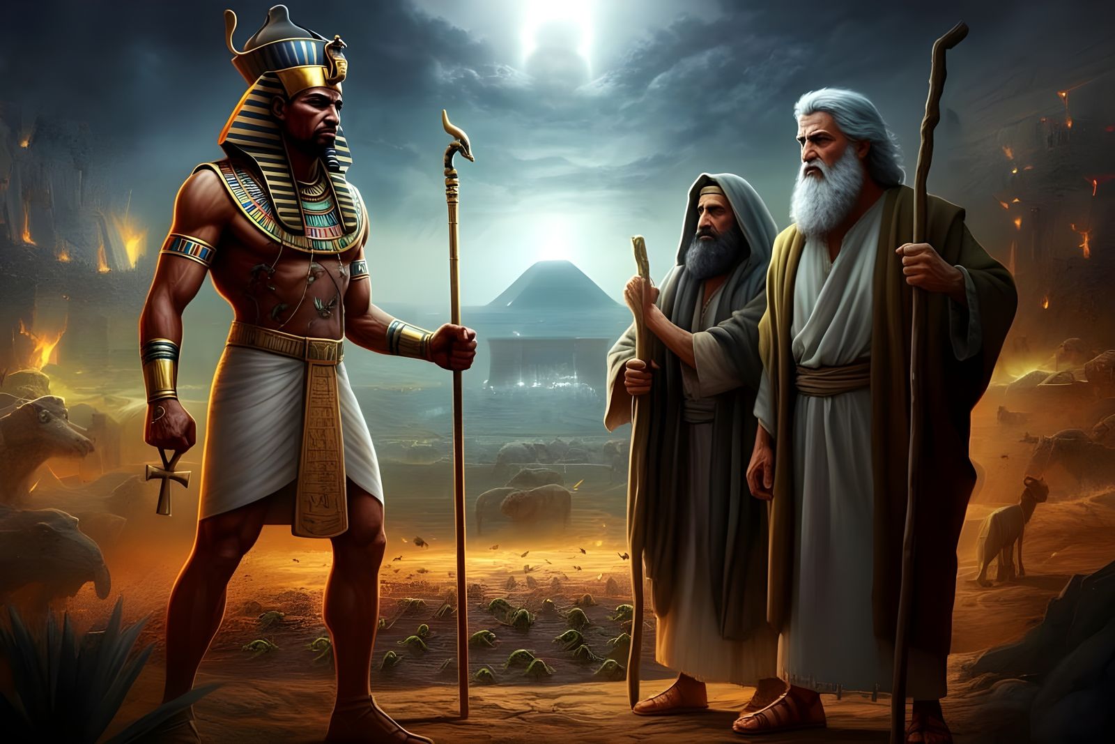 Moses, Aaron, and Pharaoh Amidst the Ten Plagues