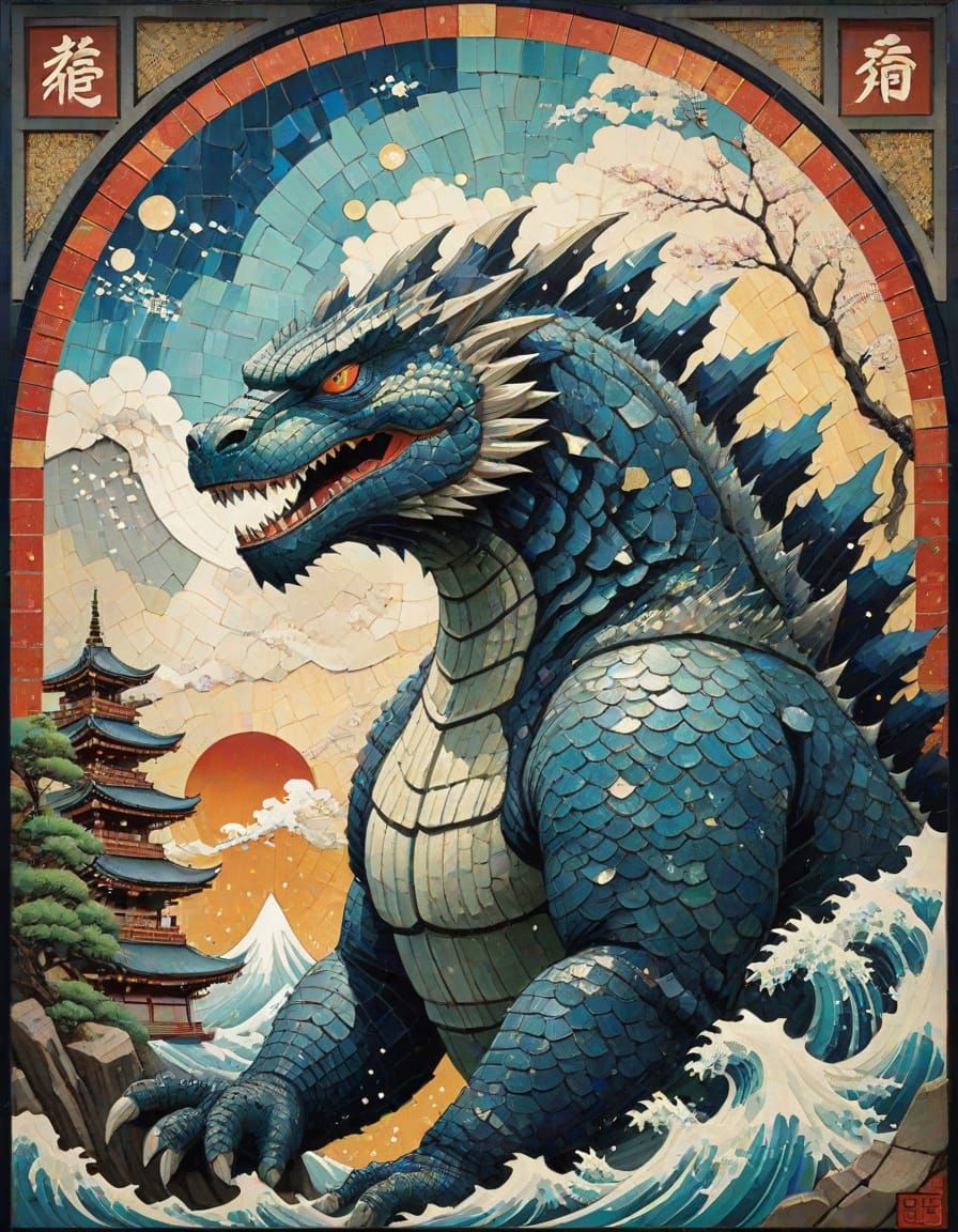 Godzilla in Ancient Japanese Temple Mosaic